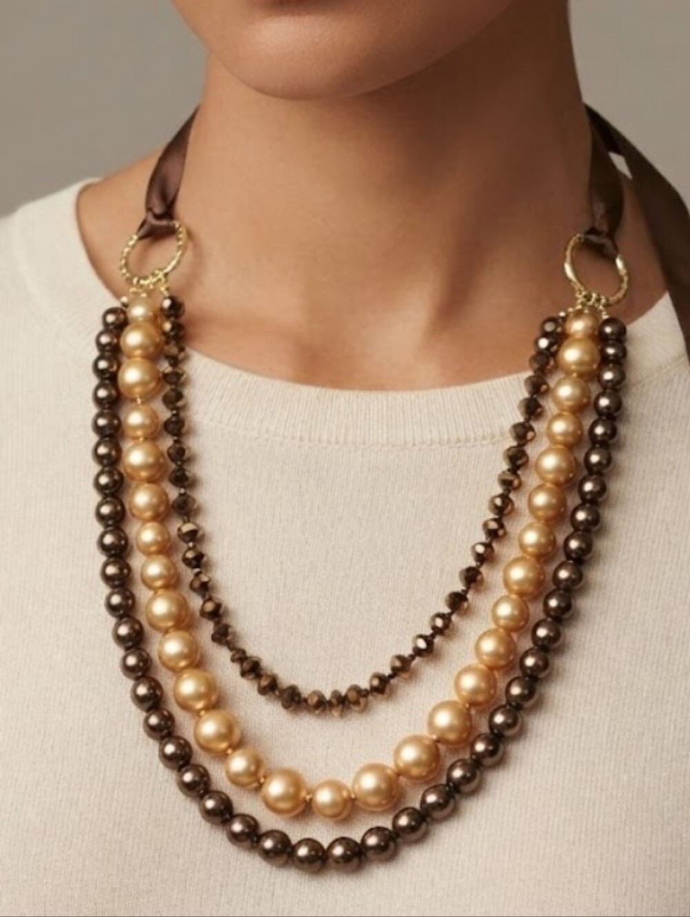 Women's Elegant Brown And Gold Faux Pearl Multi-Strand Statement Necklace - Picture 3 of 14